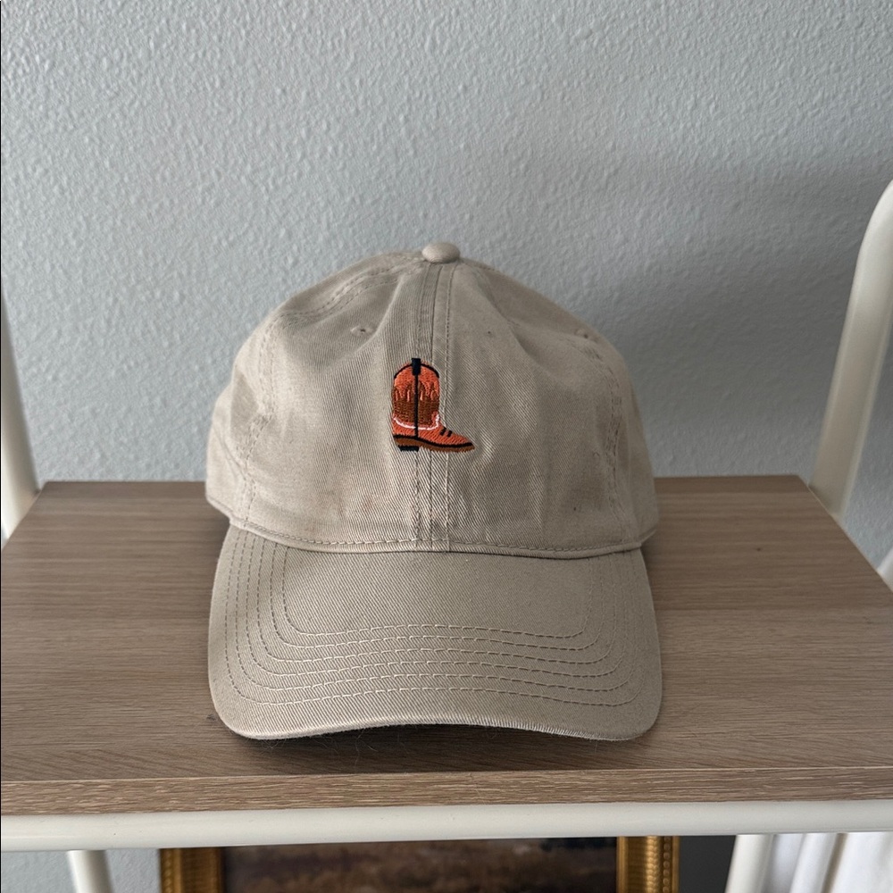 Tan Baseball Cap with Orange Embroidered Cowboy Boot